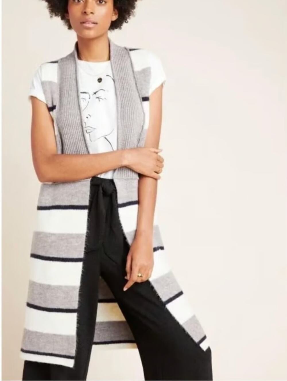 BY ANTHROPOLOGIE Pencey Longline Gray Cream Black Striped Knit Open Front Vest M
